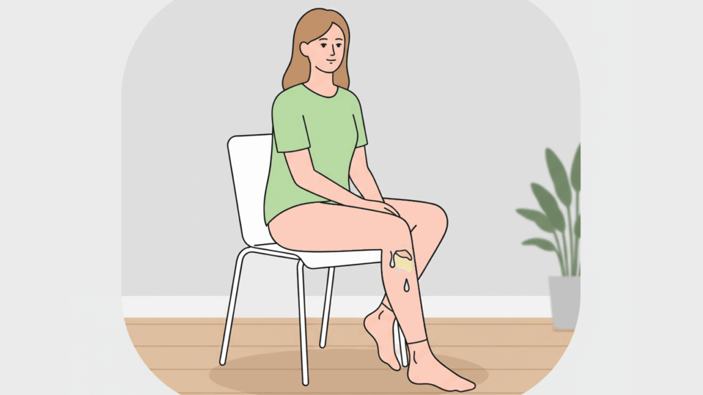 Junge Frau sitzt auf einem Stuhl mit nässender Wunde