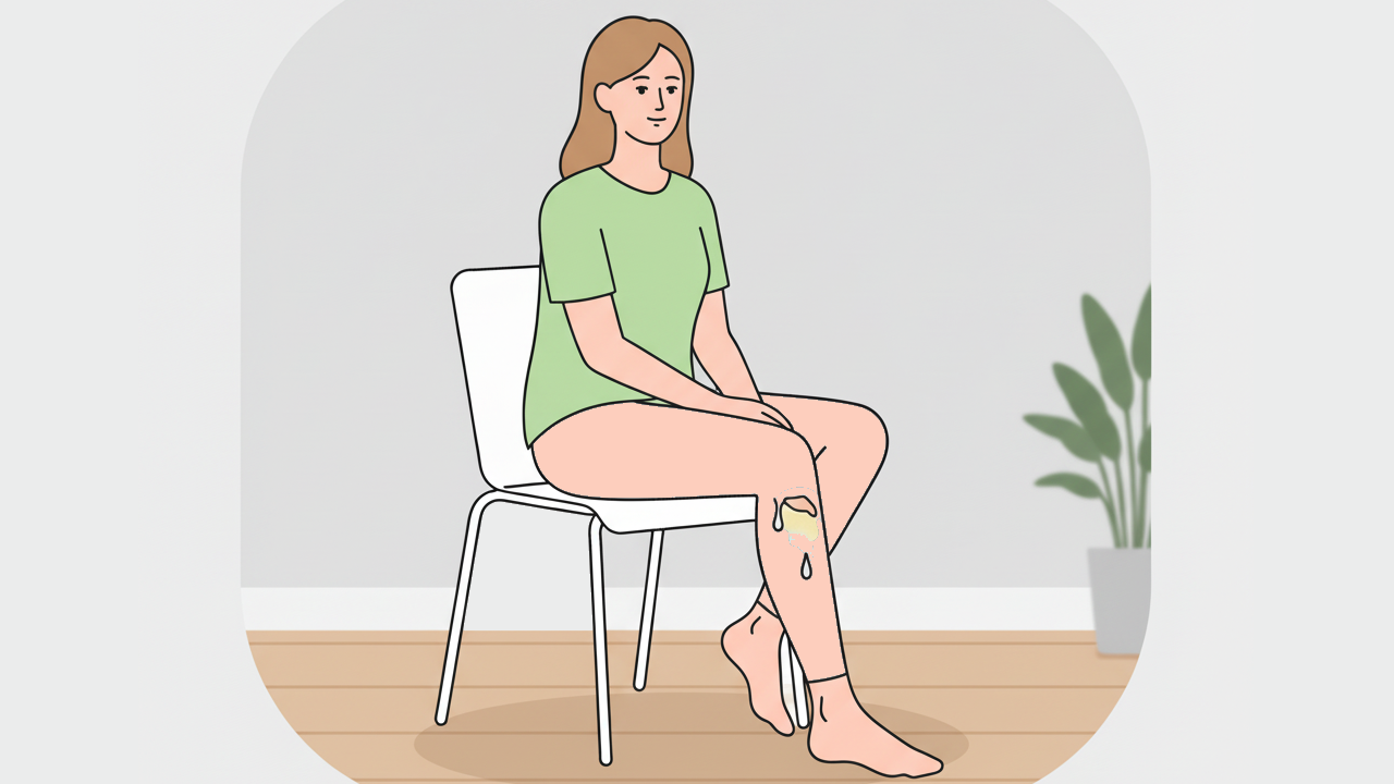 Junge Frau sitzt auf einem Stuhl mit nässender Wunde