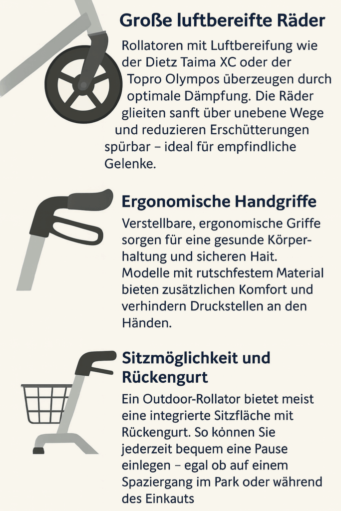 Infografik: Wichtige Funktionen und Ausstattungsmerkmale moderner Outdoor-Rollatoren