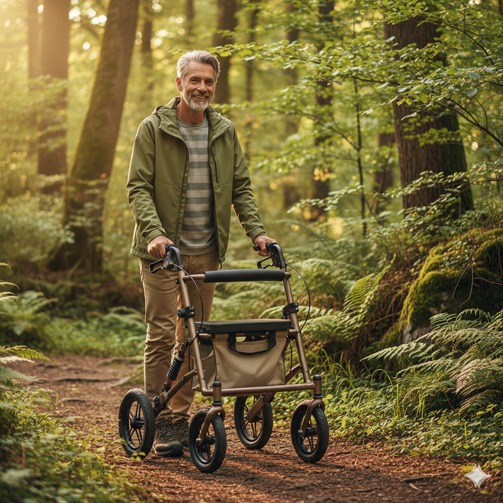 Sympathischer älterer Herr mit Outdoor-Rollator auf Waldweg – Mobilität & Lebensfreude im Freien