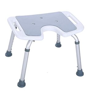 Akriva höhenverstellbarer Komfort-Duschsitz mit gepolsterter Sitzfläche, Hygieneausschnitt und Aluminiumgestell, rutschfest und bis 136 kg belastbar.