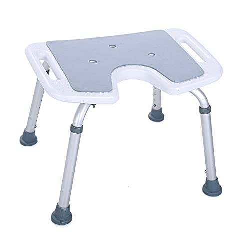 Akriva höhenverstellbarer Komfort-Duschsitz mit gepolsterter Sitzfläche, Hygieneausschnitt und Aluminiumgestell, rutschfest und bis 136 kg belastbar.