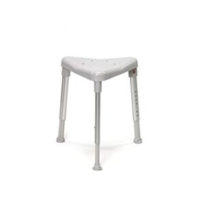 Etac EDGE dreieckiger Duschhocker in Grau, höhenverstellbar von 42–57 cm mit rutschfesten Gummifüßen und stabilem Dreibeinrahmen.