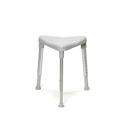 Etac EDGE dreieckiger Duschhocker in Grau, höhenverstellbar von 42–57 cm mit rutschfesten Gummifüßen und stabilem Dreibeinrahmen.