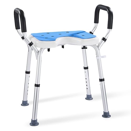 Höhenverstellbarer Duschhocker mit Armlehnen, U-Sitz, EVA-Polster und rutschfesten Gummifüßen, belastbar bis 150 kg.