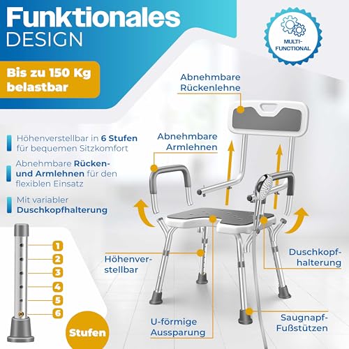 KESSER® Duschhocker mit Lehne für Senioren & Schwangere Duschsitz | Badhocker 150KG belastbar 6 Stufen 38-54cm höhenverstellbar | Duschhilfe Duschstuhl – Bild 6