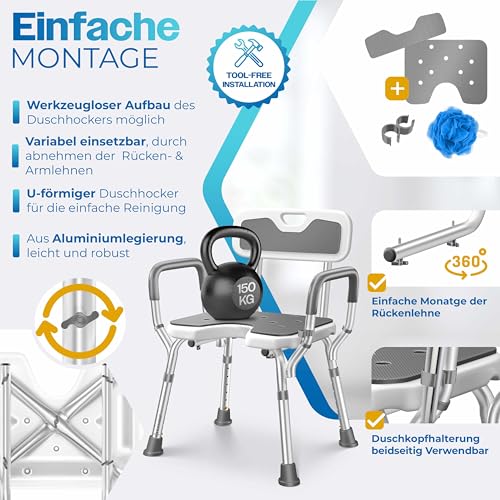 KESSER® Duschhocker mit Lehne für Senioren & Schwangere Duschsitz | Badhocker 150KG belastbar 6 Stufen 38-54cm höhenverstellbar | Duschhilfe Duschstuhl – Bild 7