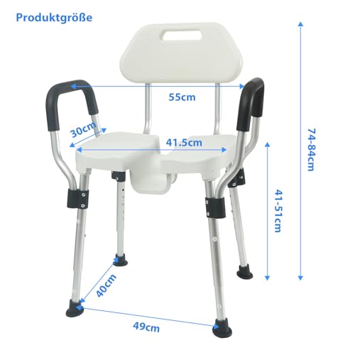 U-förmiger Duschstuhl mit Lehne für die Dusche, Robuste Dreifach-Stangen-Basisverstärkung mit Arm- und Rückenlehne für Senioren und Menschen mit Behinderung, höhenverstellbar, müheloser Silver – Bild 3