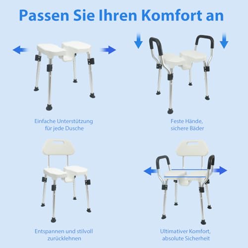 U-förmiger Duschstuhl mit Lehne für die Dusche, Robuste Dreifach-Stangen-Basisverstärkung mit Arm- und Rückenlehne für Senioren und Menschen mit Behinderung, höhenverstellbar, müheloser Silver – Bild 4