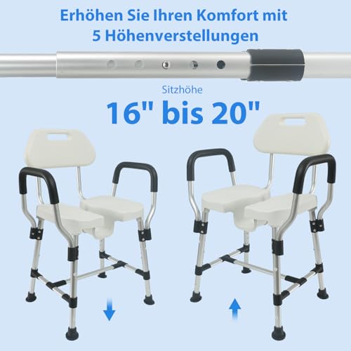 U-förmiger Duschstuhl mit Lehne für die Dusche, Robuste Dreifach-Stangen-Basisverstärkung mit Arm- und Rückenlehne für Senioren und Menschen mit Behinderung, höhenverstellbar, müheloser Silver – Bild 6